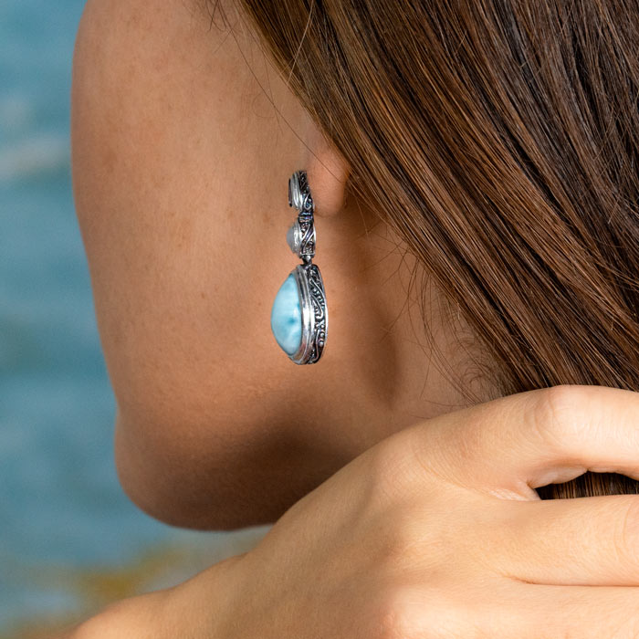 Larimar Sterling Silver Azure Pear Post Earrings Marahlago Jewelry pear Gemstone Blue Topaz Freshwater Pearl