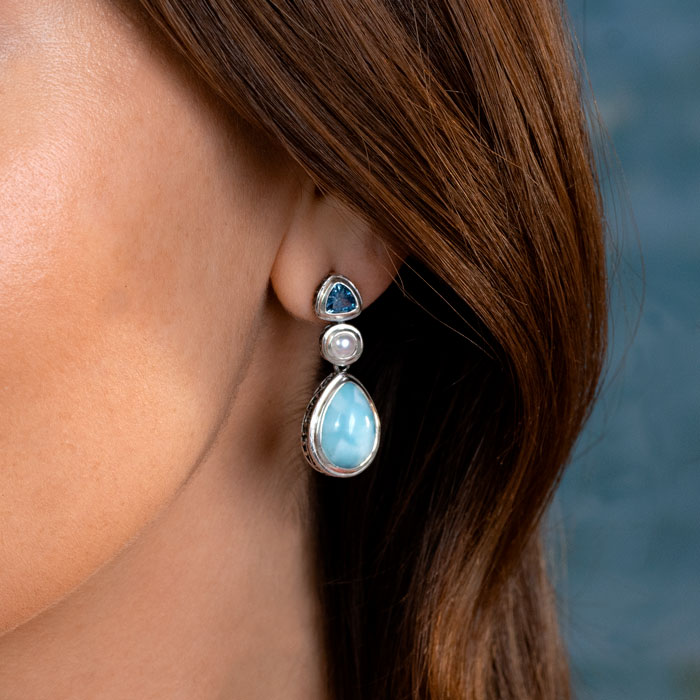 Larimar Sterling Silver Azure Pear Post Earrings Marahlago Jewelry pear Gemstone Blue Topaz Freshwater Pearl