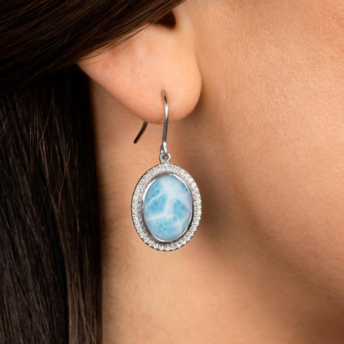 Larimar Sterling Silver Clarity Oval Wire Earrings Marahlago Jewelry oval Gemstone White Sapphire 