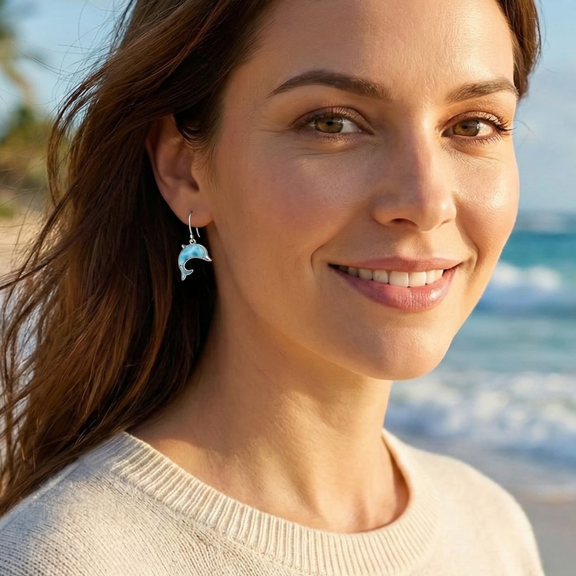 Dolphin Earrings set in sterling silver by Marahlago Larimar