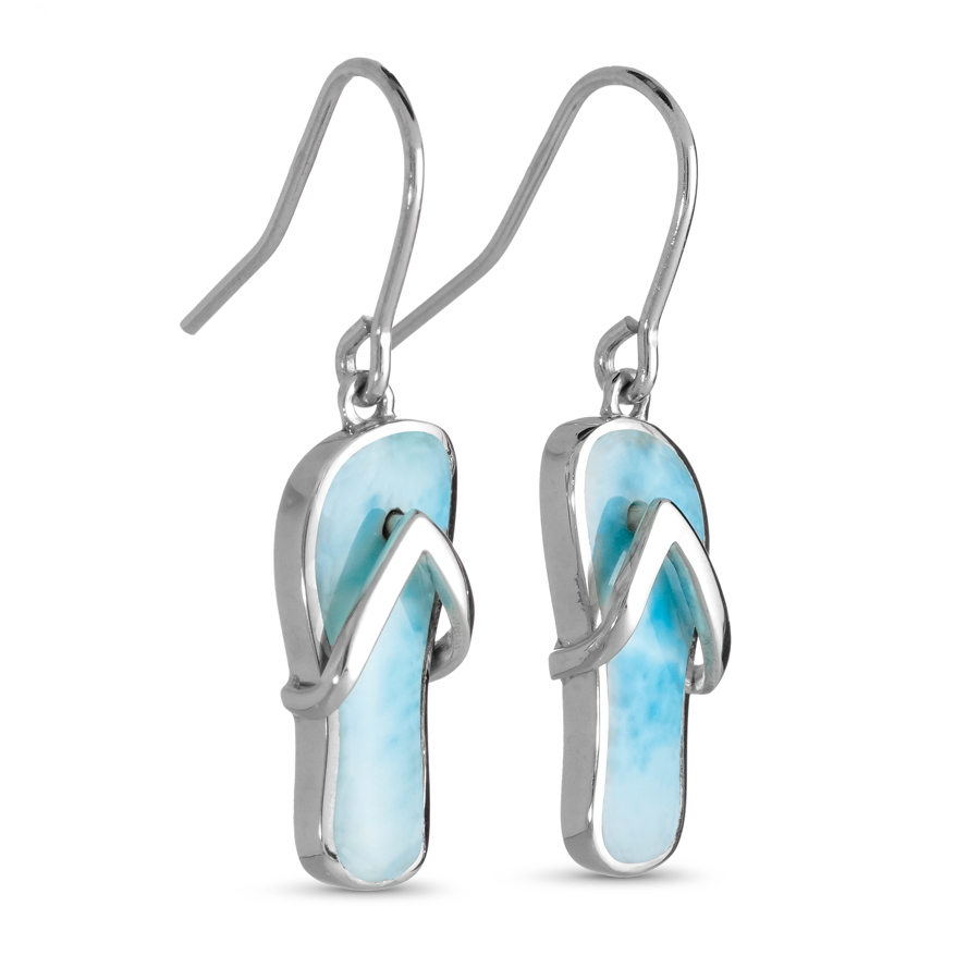 Step into style with Marahlago's Larimar Sterling Silver Flip Flop Wire Earrings. Adorned with a stunning silver blue gemstone, these earrings are perfect for fashionable females seeking elegance and charm.