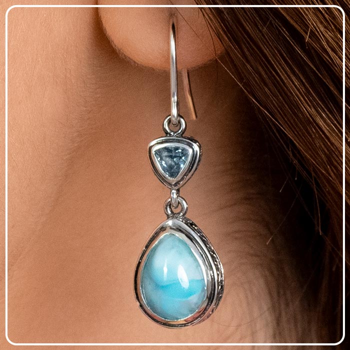 Larimar Sterling Silver Ilona Wire Earrings Marahlago Jewelry pear Gemstone Blue Topaz 