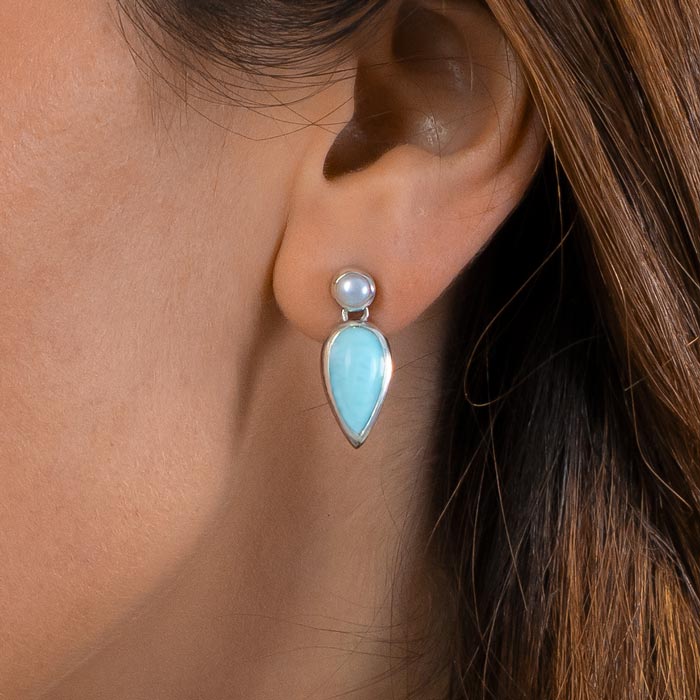 Larimar Sterling Silver Jaina Earrings Marahlago Jewelry Pear Gemstone Fresh Water Pearl
