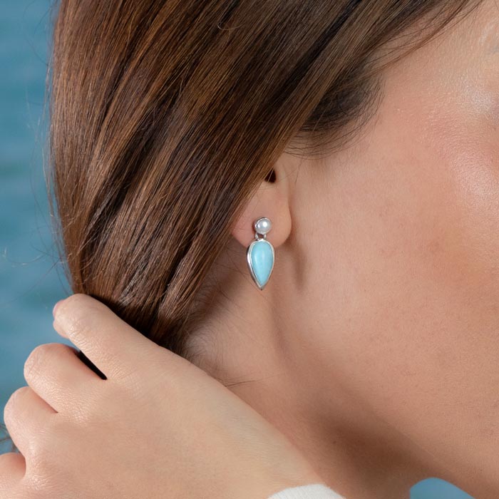 Larimar Sterling Silver Jaina Earrings Marahlago Jewelry Pear Gemstone Fresh Water Pearl