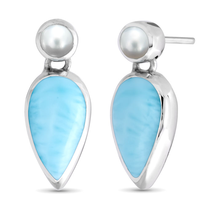Larimar Sterling Silver Jaina Earrings Marahlago Jewelry Pear Gemstone Fresh Water Pearl