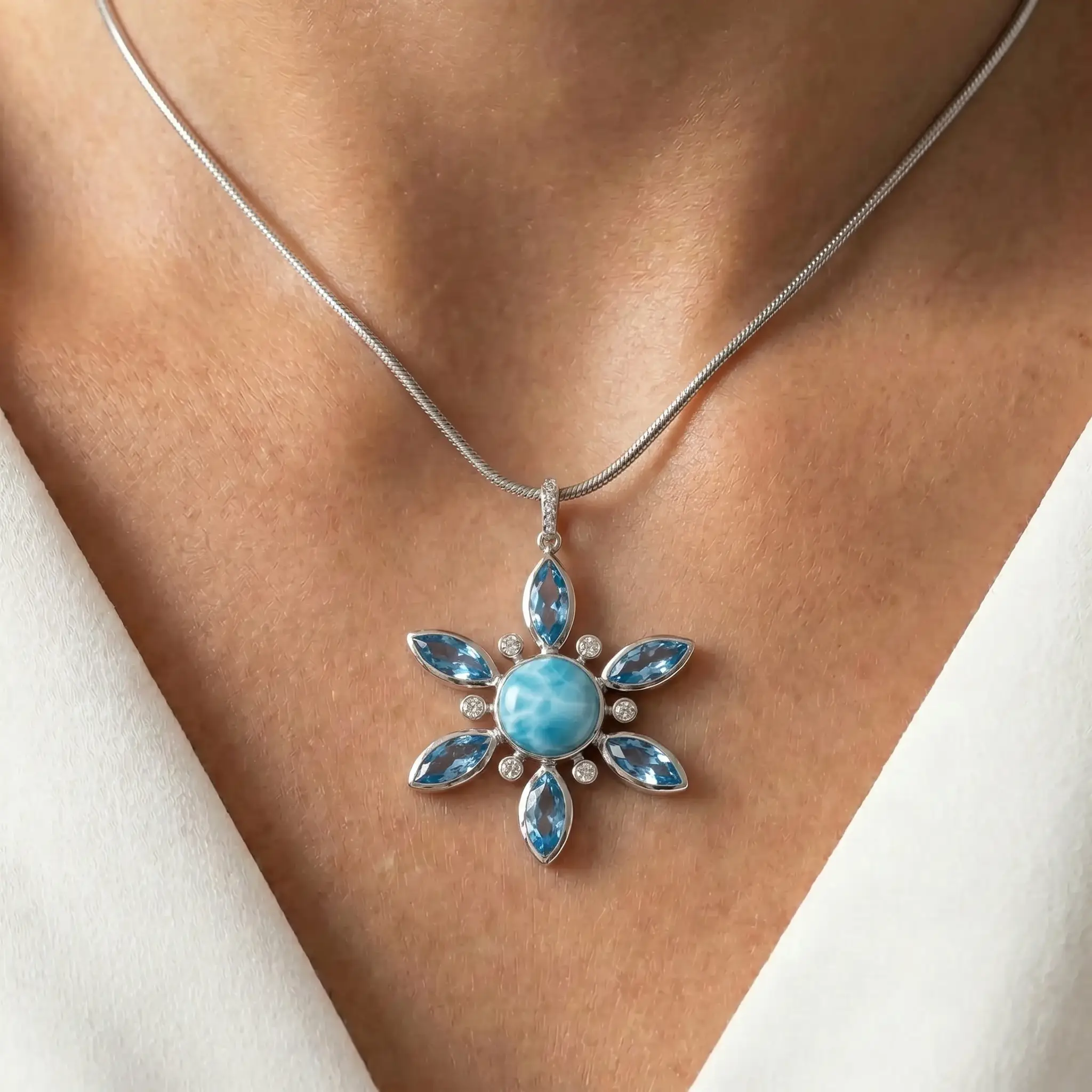 Larimar Snowflake Necklace Pendant in Sterling Silver - Elsa by Marahlago