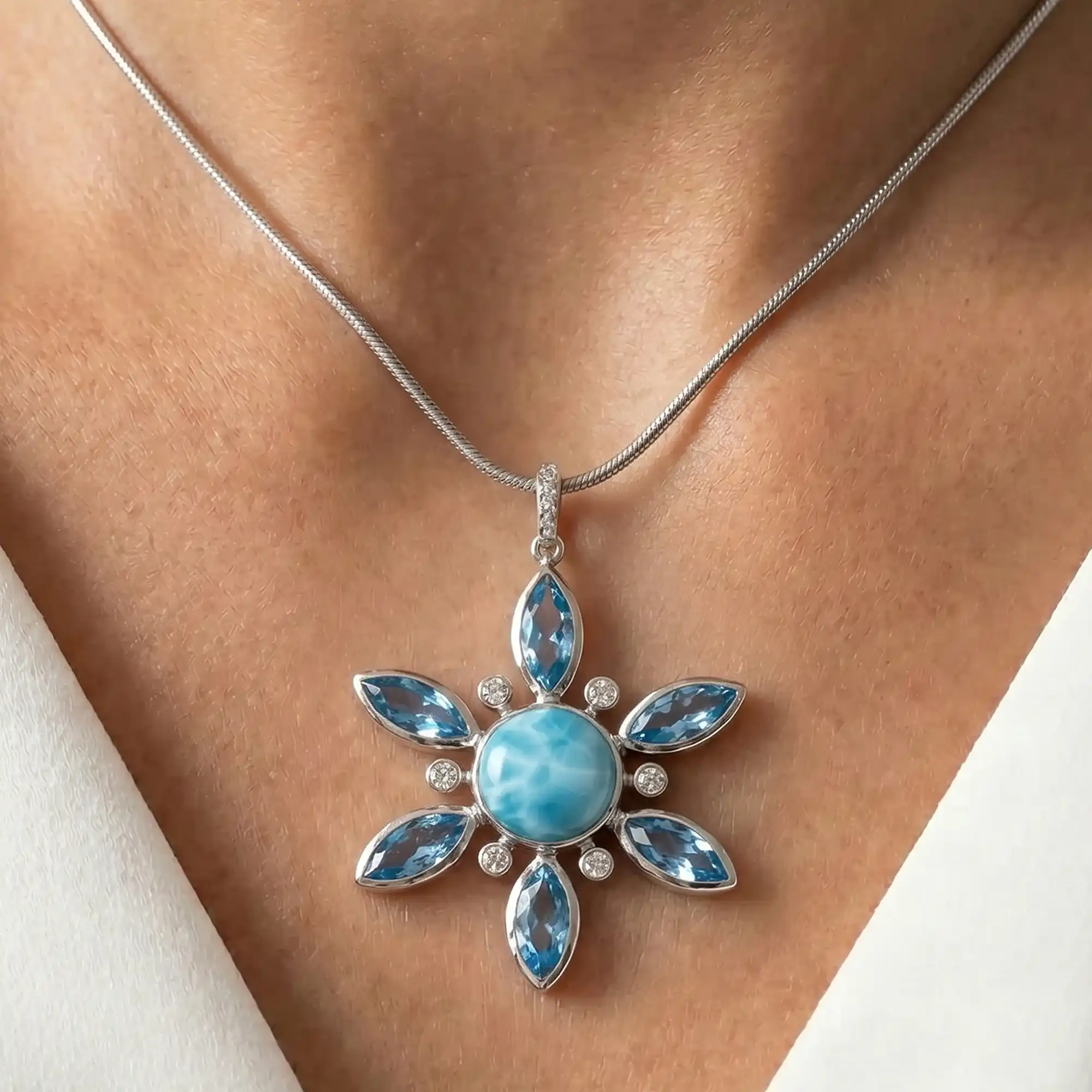 Larimar Snowflake Necklace Pendant in Sterling Silver - Elsa by Marahlago