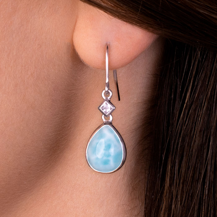 Larimar Stone Sterling Silver Luminara Drop Dangle Earrings Marahlago Jewelry Teardrop Gemstone White Sapphire