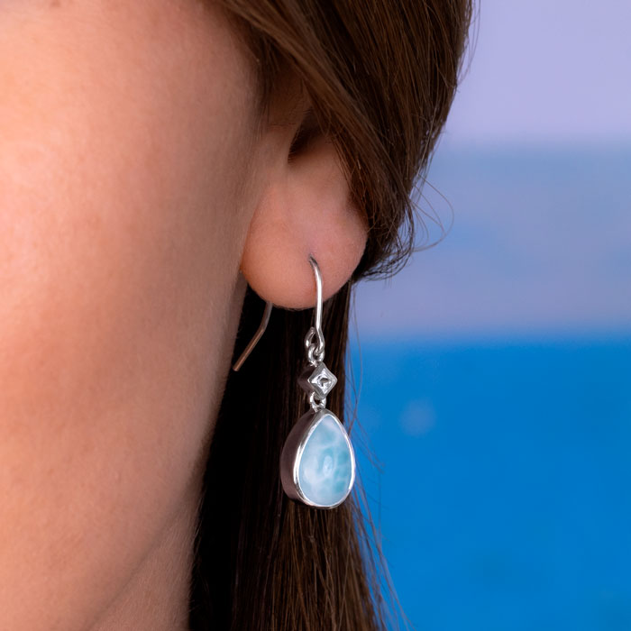 Larimar Stone Sterling Silver Luminara Drop Dangle Earrings Marahlago Jewelry Teardrop Gemstone White Sapphire