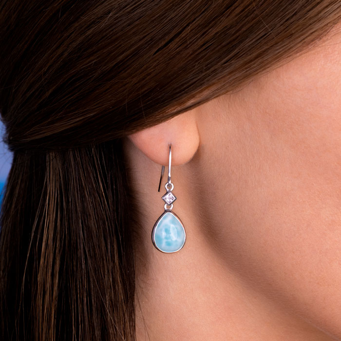 Larimar Stone Sterling Silver Luminara Drop Dangle Earrings Marahlago Jewelry Teardrop Gemstone White Sapphire