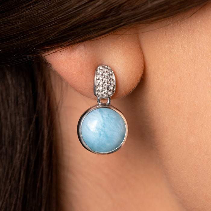 Larimar Sterling Silver Nomi Post Earrings Marahlago Jewelry round Gemstone White Sapphire