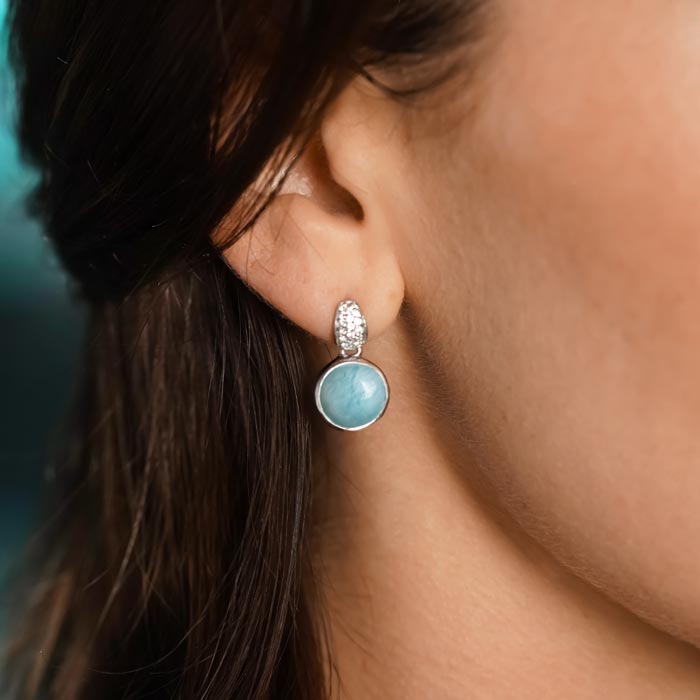 Larimar Sterling Silver Nomi Post Earrings Marahlago Jewelry round Gemstone White Sapphire