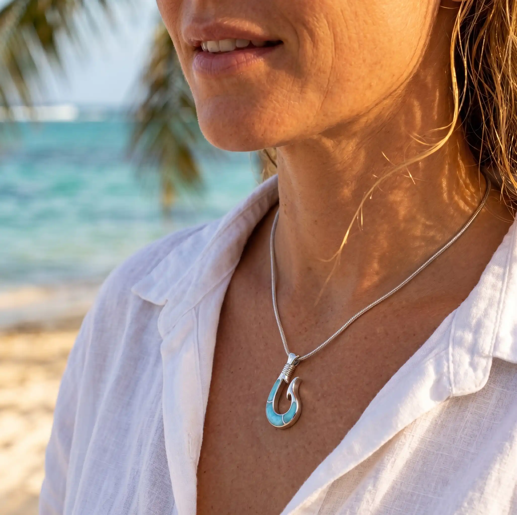 Fish Hook Necklace in sterling silver and larimar 