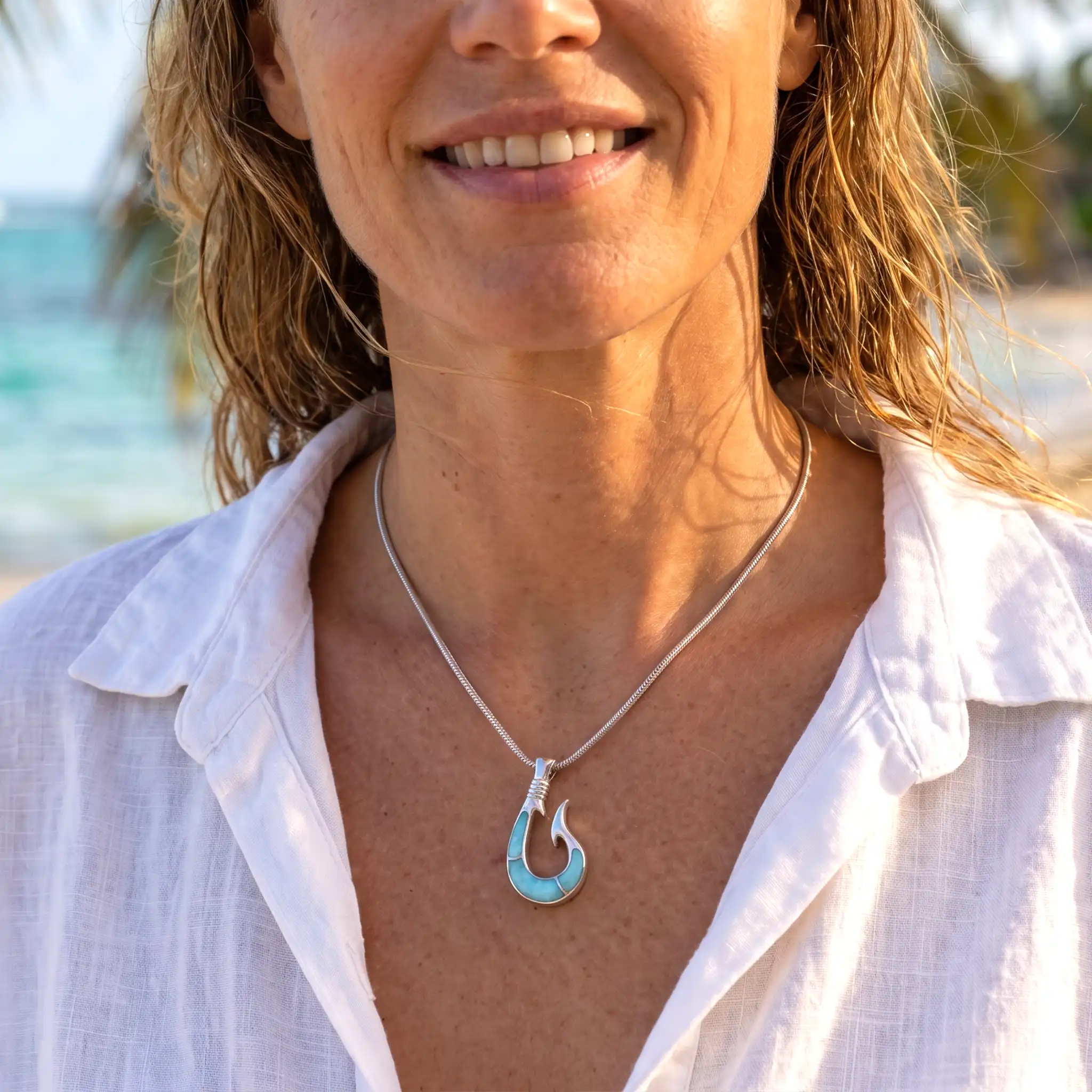 Fish Hook Necklace in sterling silver and larimar 