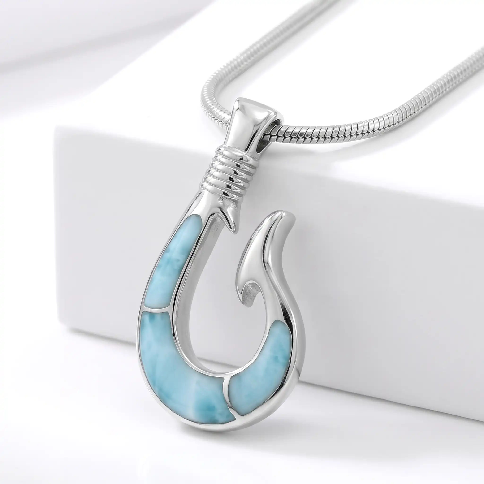 Fish Hook Necklace in sterling silver and larimar 