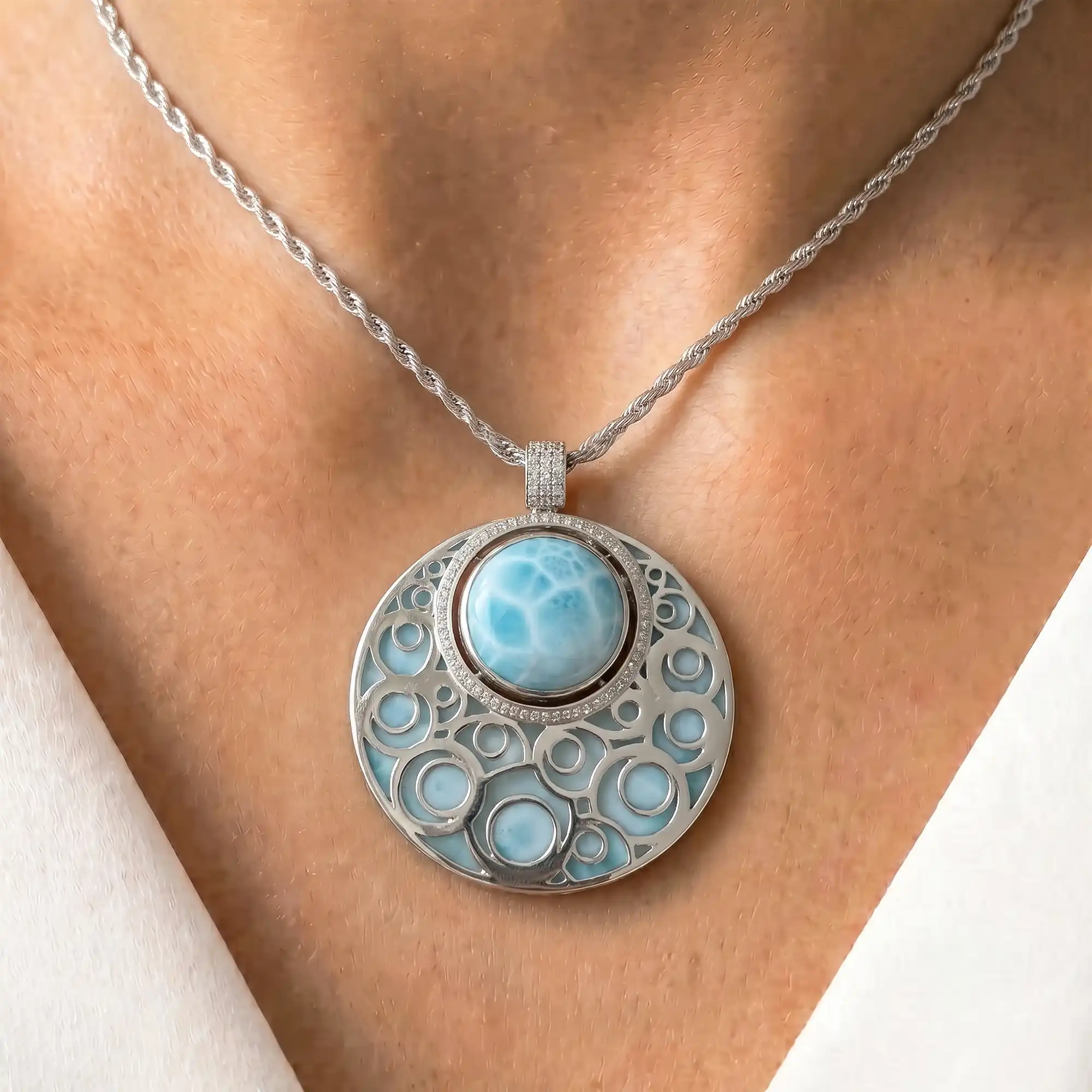 Larimar Medallion Necklace in sterling silver 