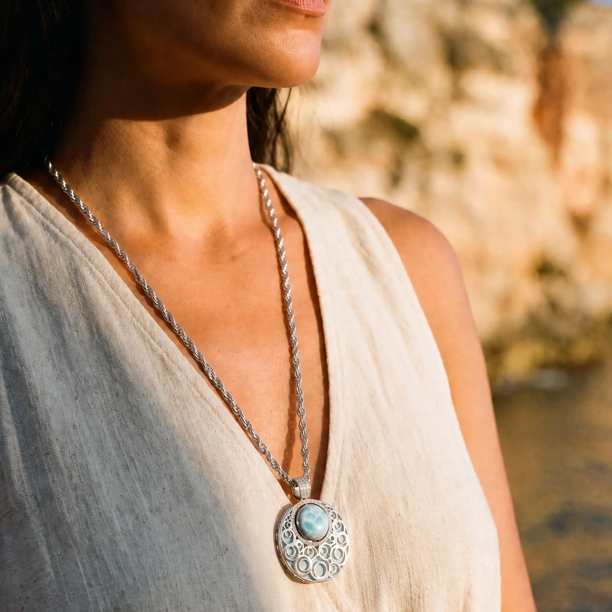 Medallion Necklace in sterling silver with larimar