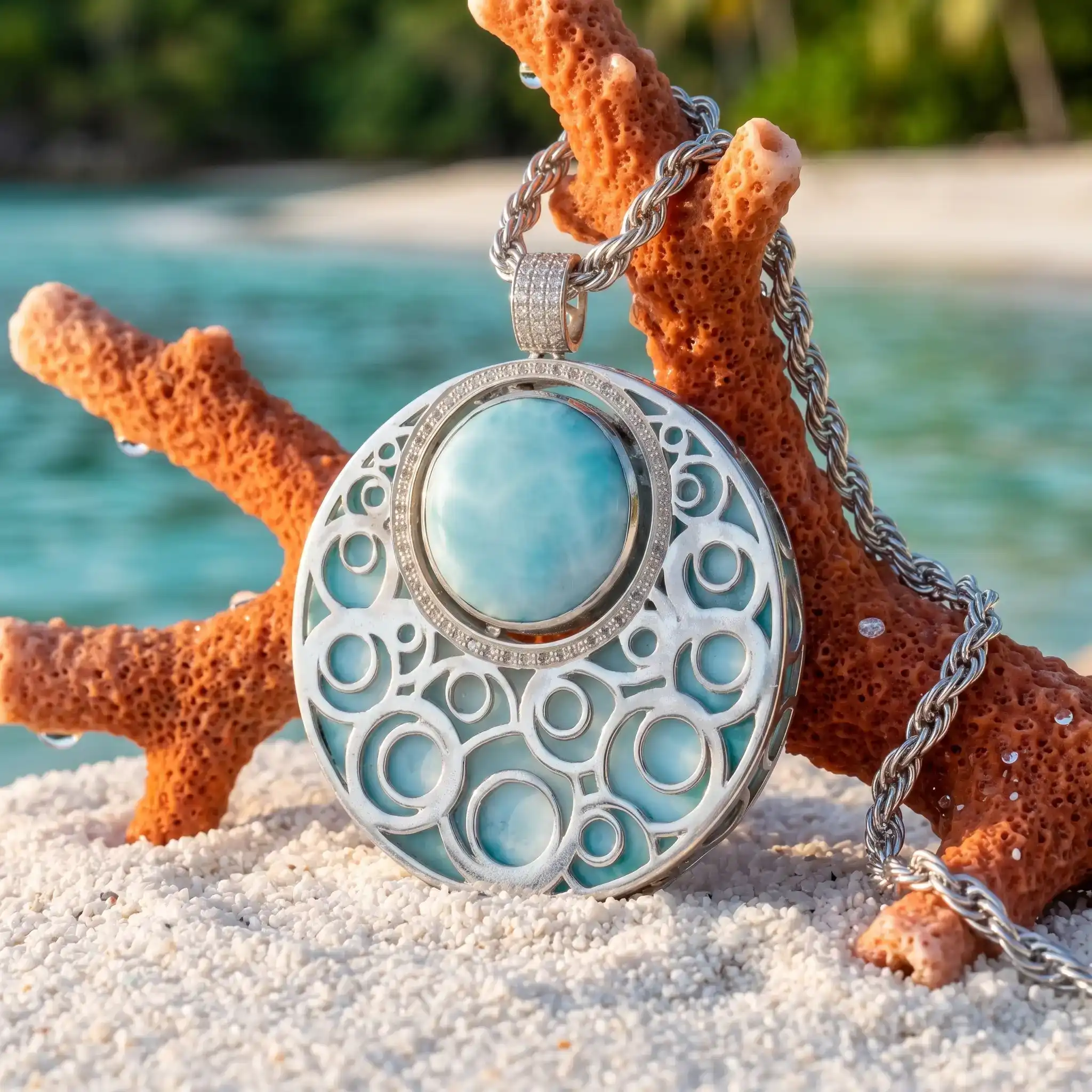 Larimar Medallion Necklace in sterling silver 
