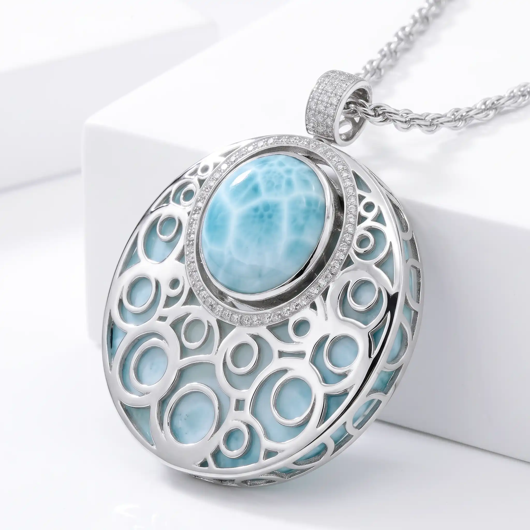 Larimar Medallion Necklace in sterling silver 
