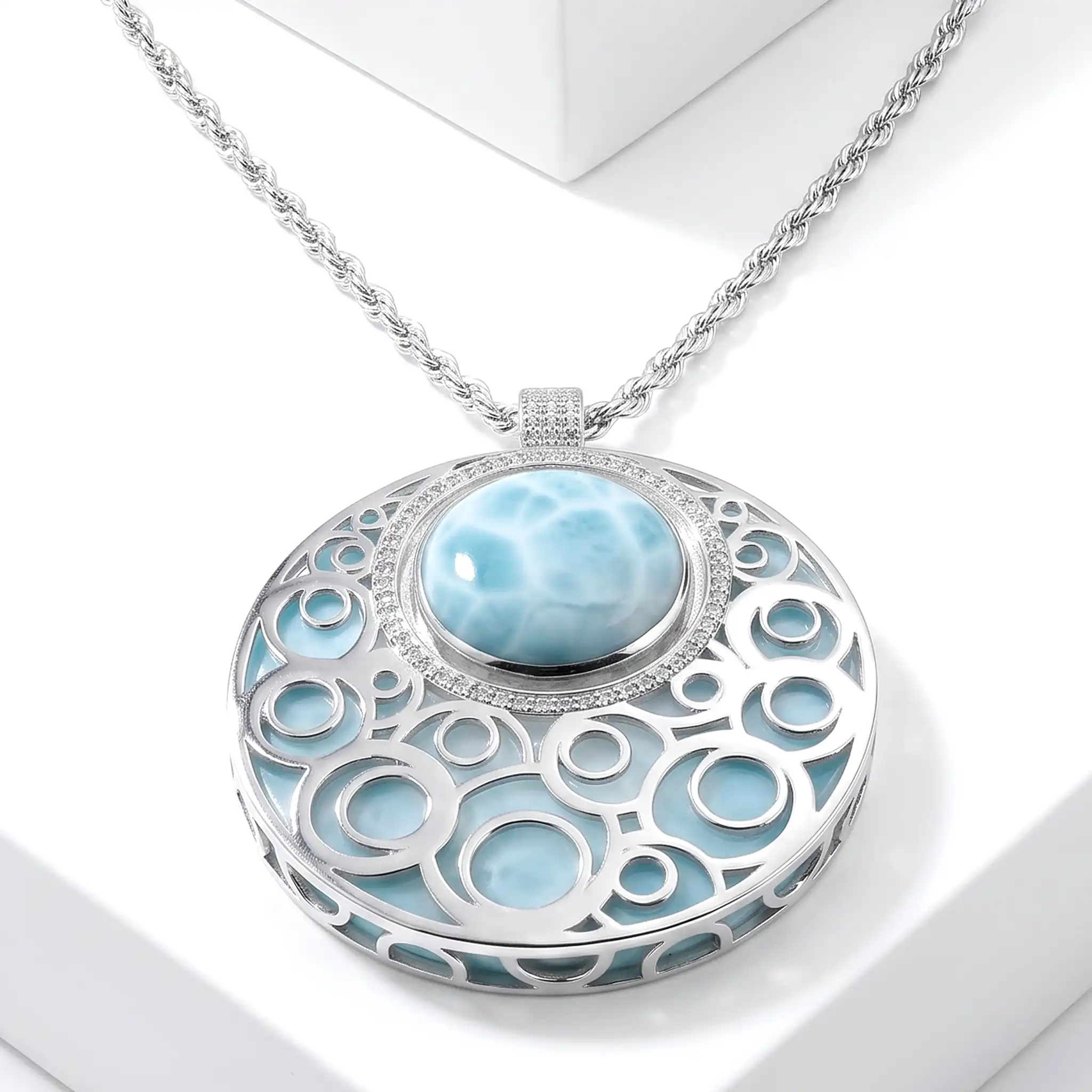 Medallion Necklace in sterling silver with larimar