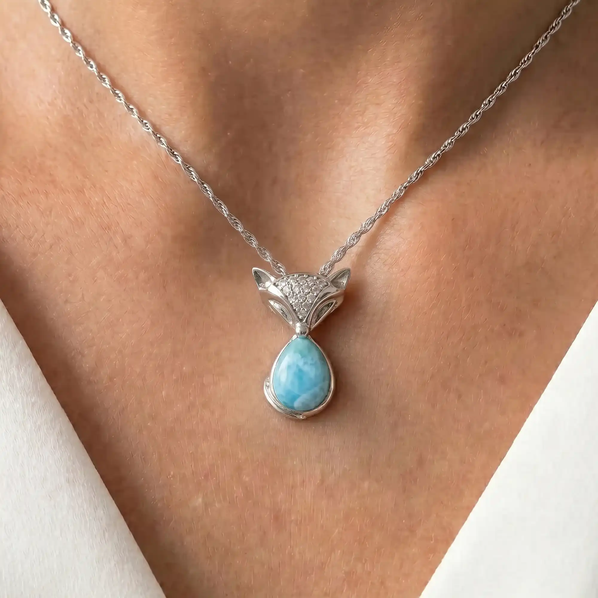 Fox Pendant Necklace with Larimar Gemstone