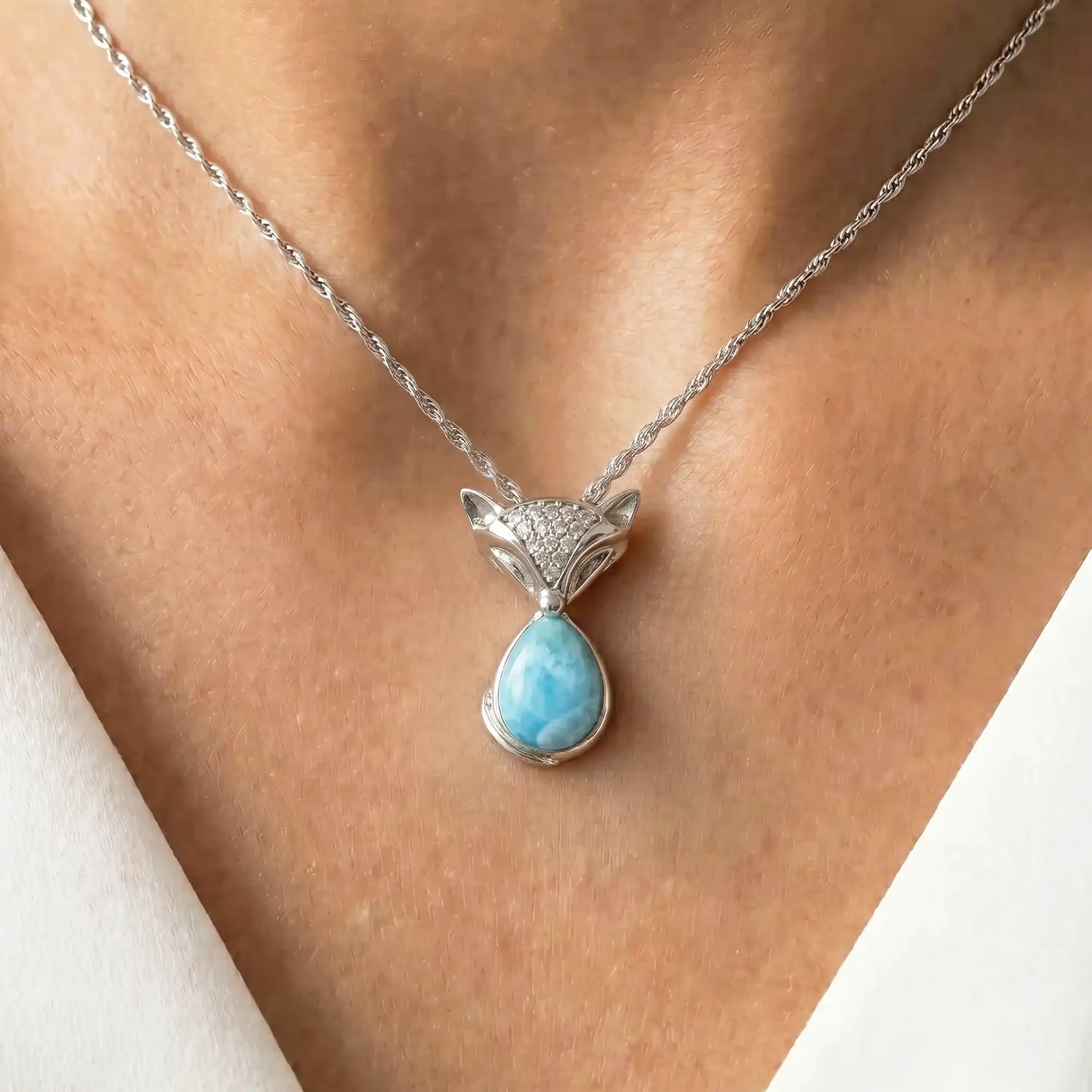 Fox Pendant Necklace with Larimar Gemstone