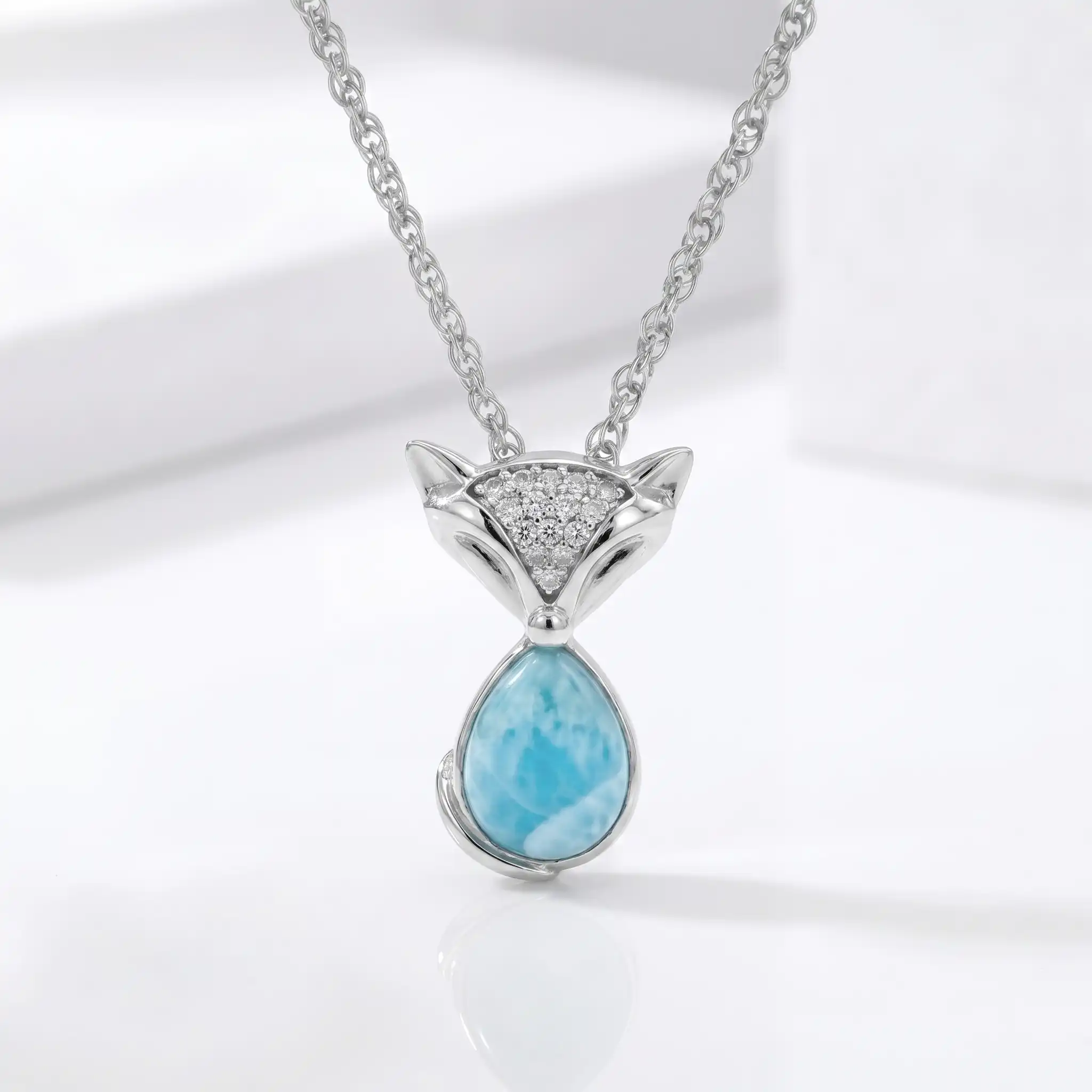Fox Pendant Necklace with Larimar Gemstone