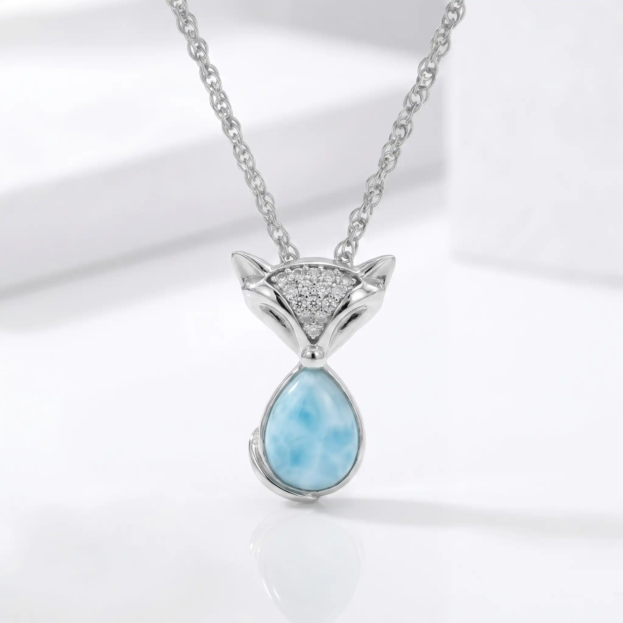 Fox Pendant Necklace with Larimar Gemstone