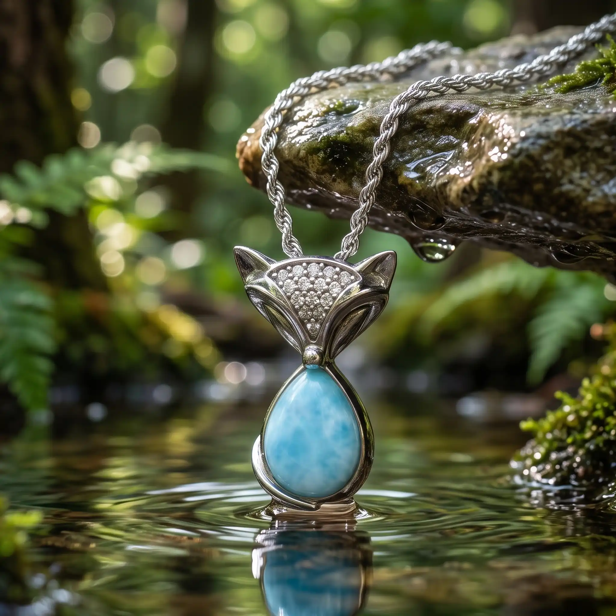 Fox Pendant Necklace with Larimar Gemstone