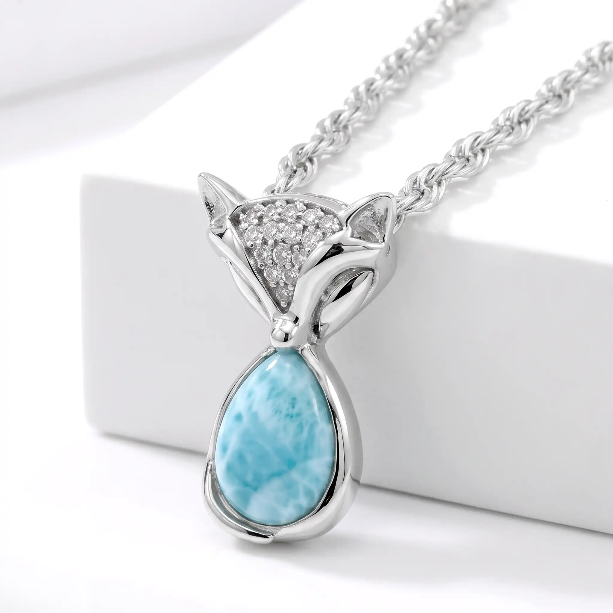Fox Pendant Necklace with Larimar Gemstone