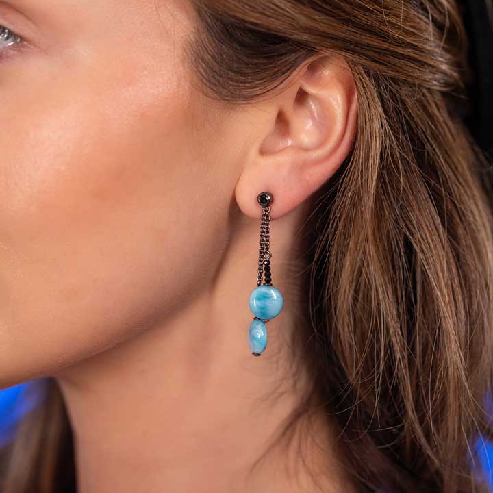 Larimar Sterling Silver Galaxy Post Earrings Marahlago Jewelry round Gemstone Black Spinel
