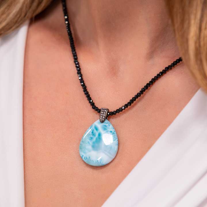 Black Spinel Necklace in sterling silver and larimar by marahlago
