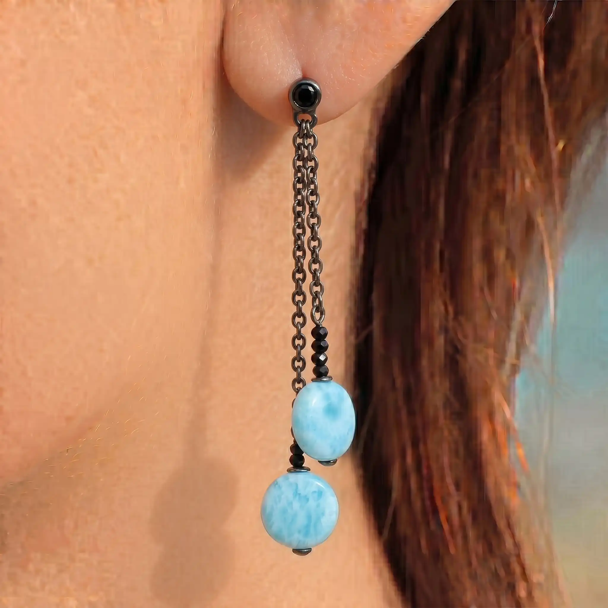 Black Spinel Earrings in sterling silver and larimar by marahlago