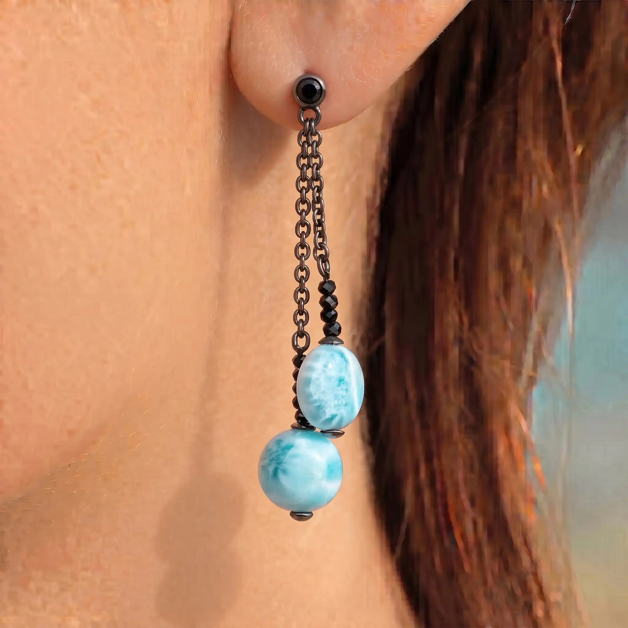 Black Spinel Earrings in sterling silver and larimar by marahlago