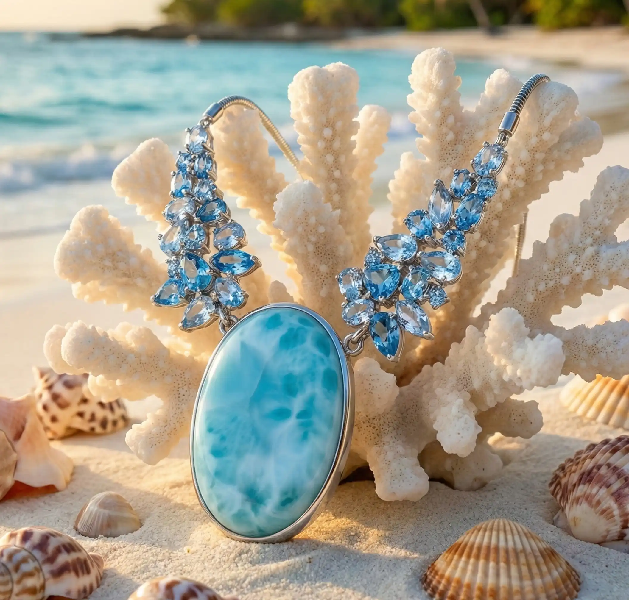 Larimar Sterling Silver Grace Pendant Necklace Marahlago Jewelry oval Gemstone Blue Spinel Blue Topaz 