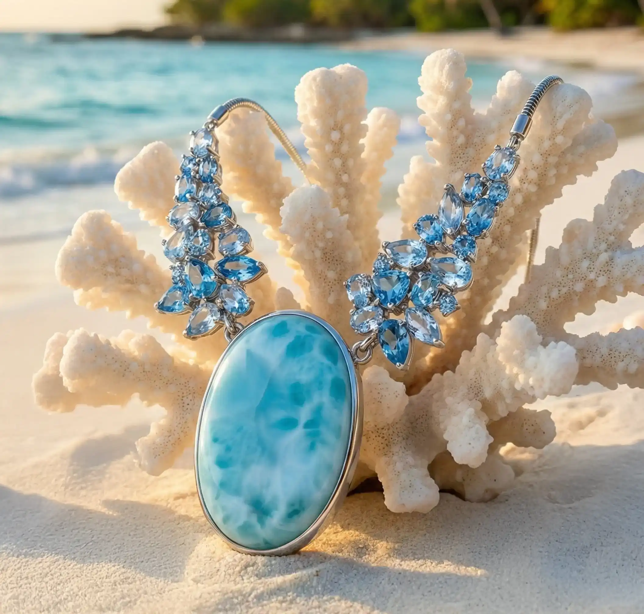 Larimar Sterling Silver Grace Pendant Necklace Marahlago Jewelry oval Gemstone Blue Spinel Blue Topaz 