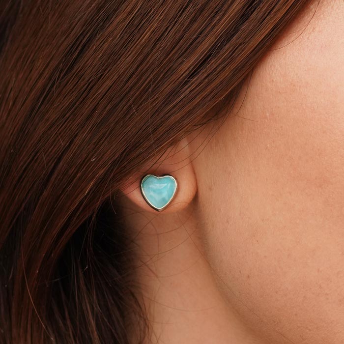 Heart Earrings in sterling silver with natural larimar gemstones by Marahlago Jewelry