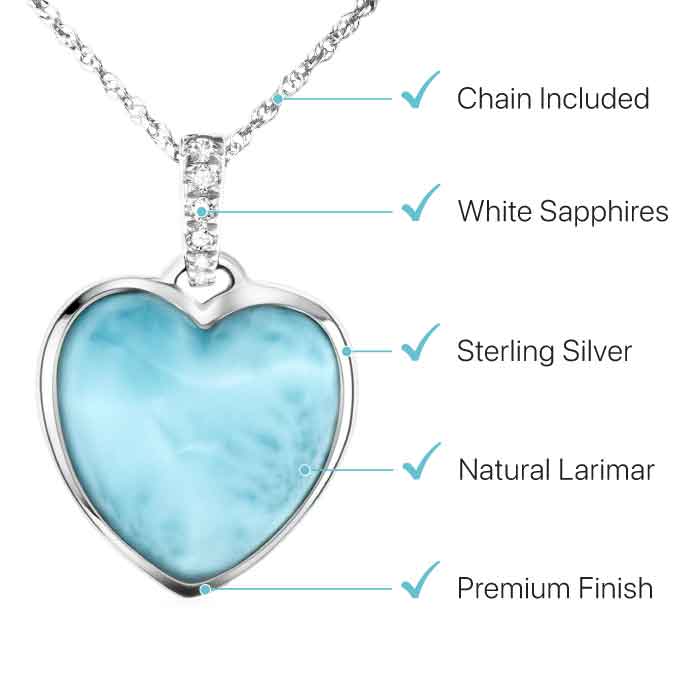 Heart shaped Necklace in sterling Silver with larimar and white sapphires by Marahlago 