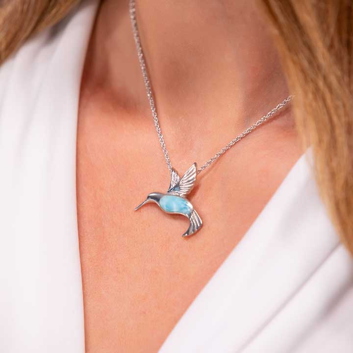 Hummingbird Pendant Necklace in sterling silver by Marahlago larimar Jewelry. This stunning jewelry necklace in silver blue captures the beauty and grace of hummingbirds.