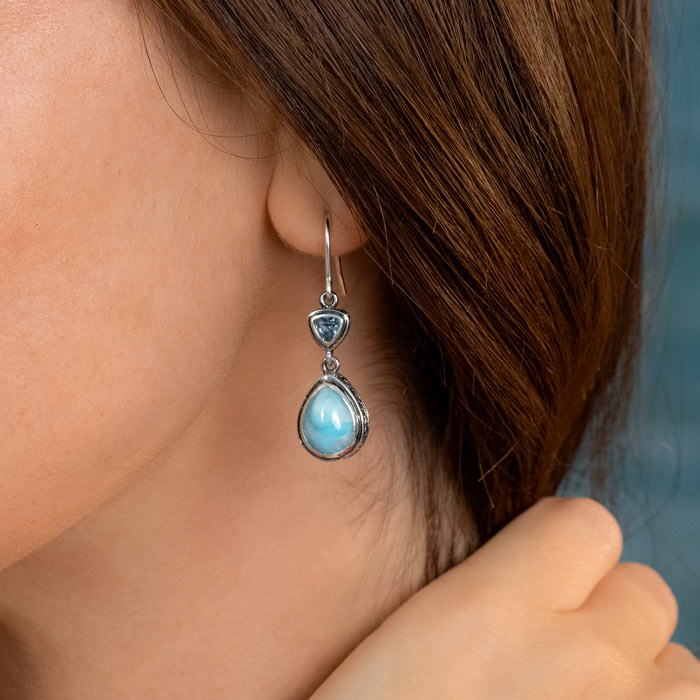 Larimar Sterling Silver Ilona Wire Earrings Marahlago Jewelry pear Gemstone Blue Topaz 