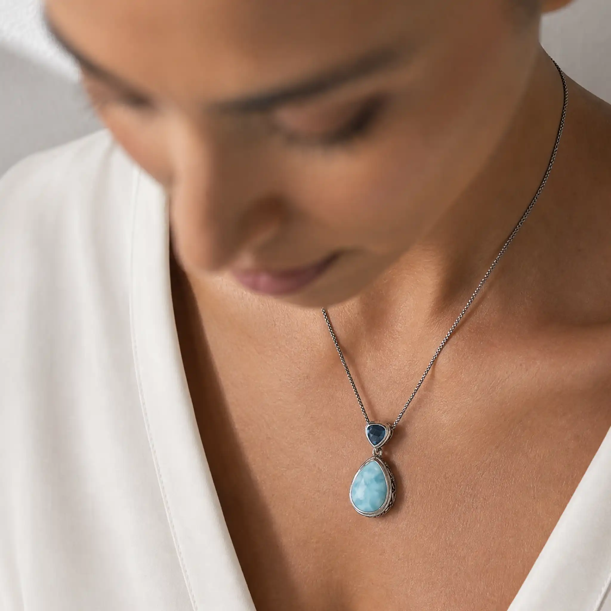 model wearing Blue stone Necklace