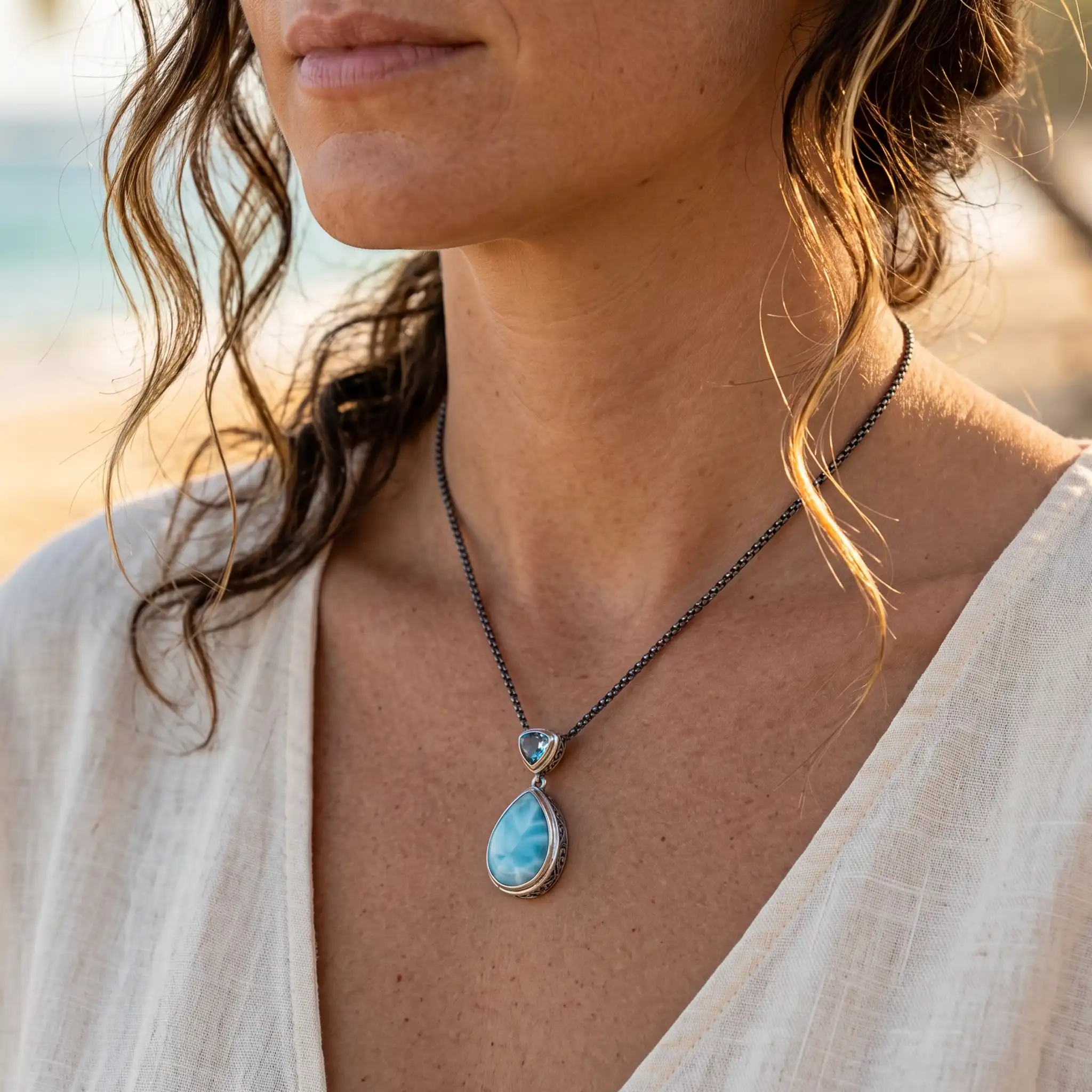 Larimar & Blue Spinel Pendant Necklace in silver by