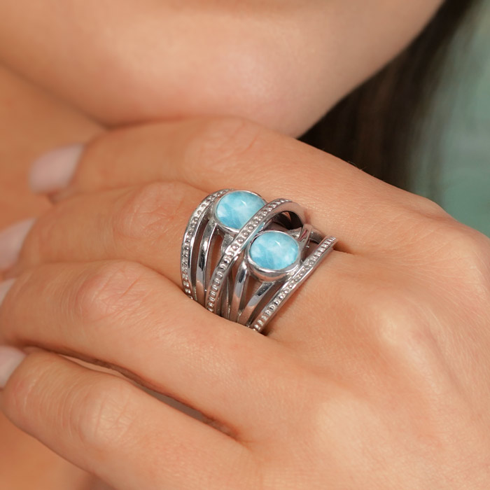 Larimar Sterling Silver Indigo Ring Marahlago Jewelry round Gemstone 