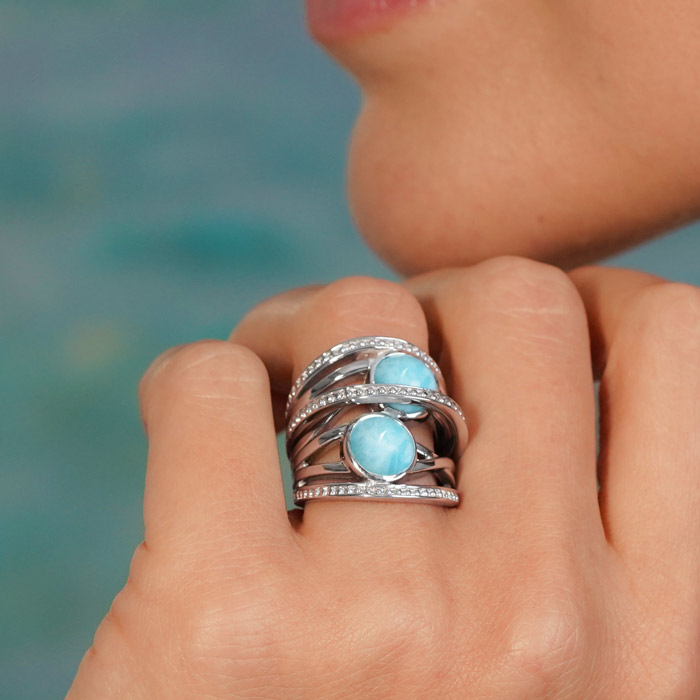 Larimar Sterling Silver Indigo Ring Marahlago Jewelry round Gemstone 