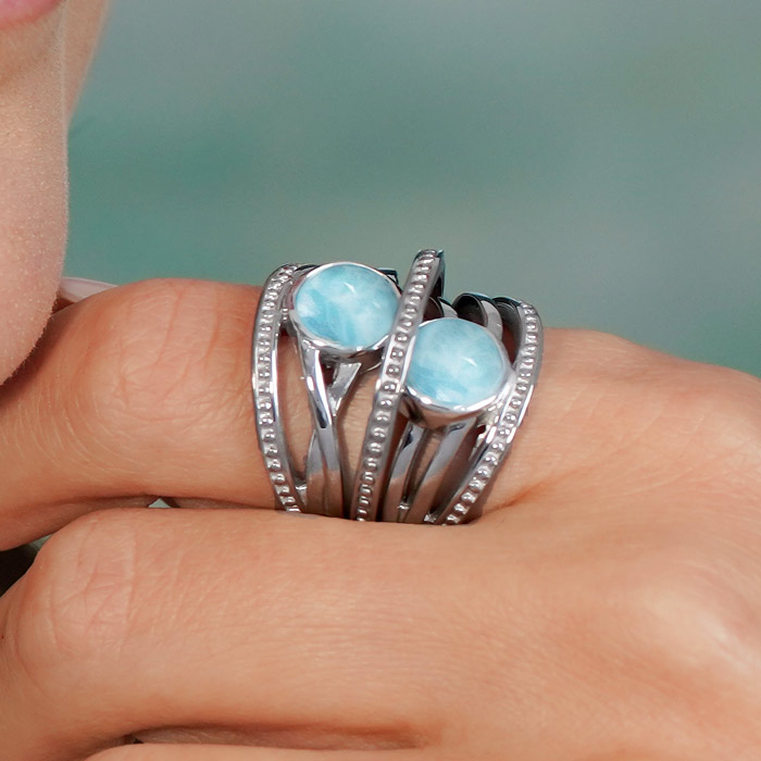 Larimar Sterling Silver Indigo Ring Marahlago Jewelry round Gemstone