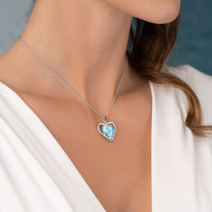 Infinity heart necklace with White Sapphire and larimar by Marahlago. 