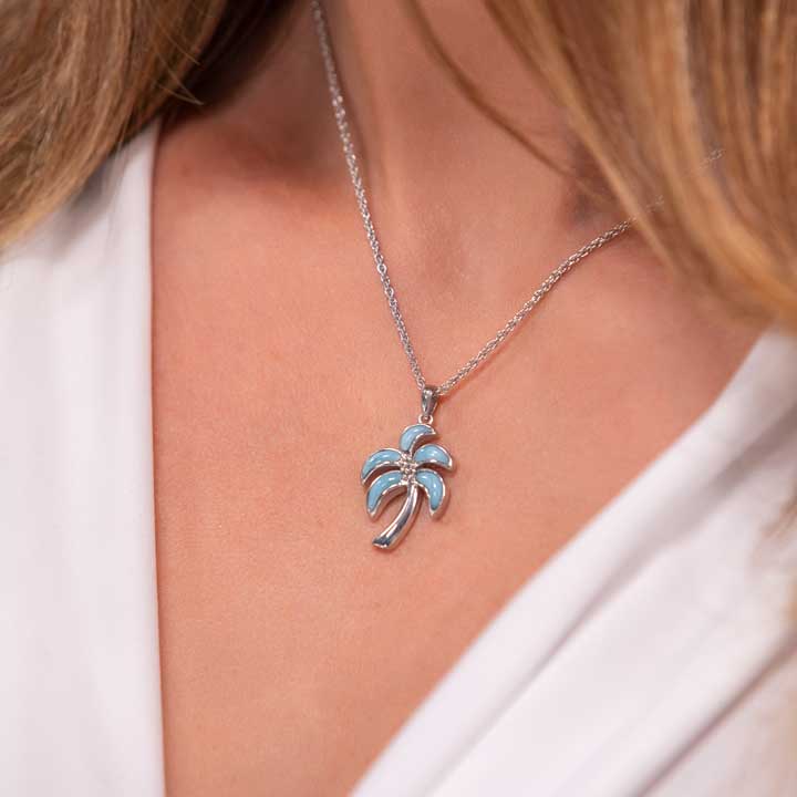 Palm Tree Pendant Necklace in sterling silver with Larimar Gemstone from marahlago