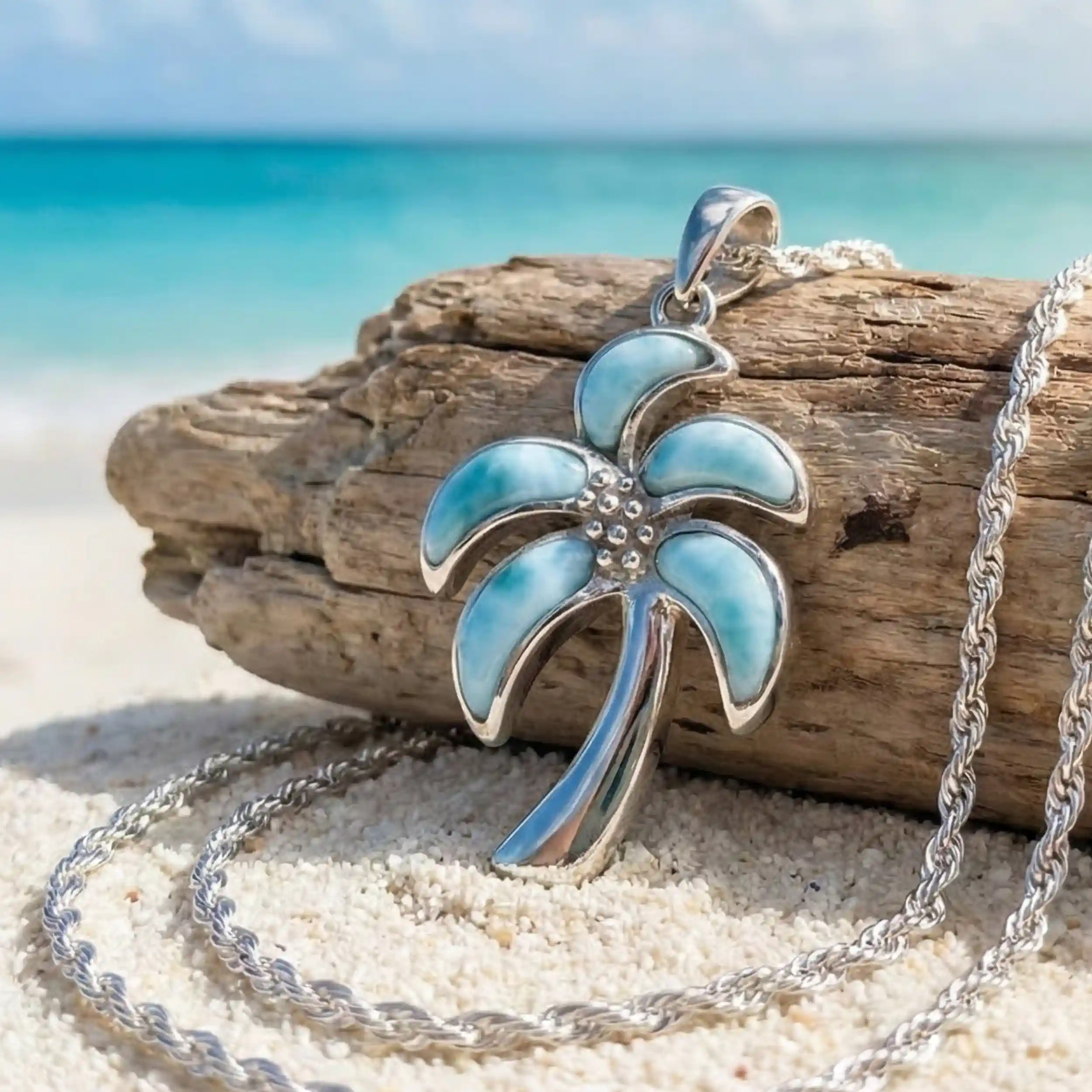 Silver Palm Tree Necklace with  larimar  by Marahlago