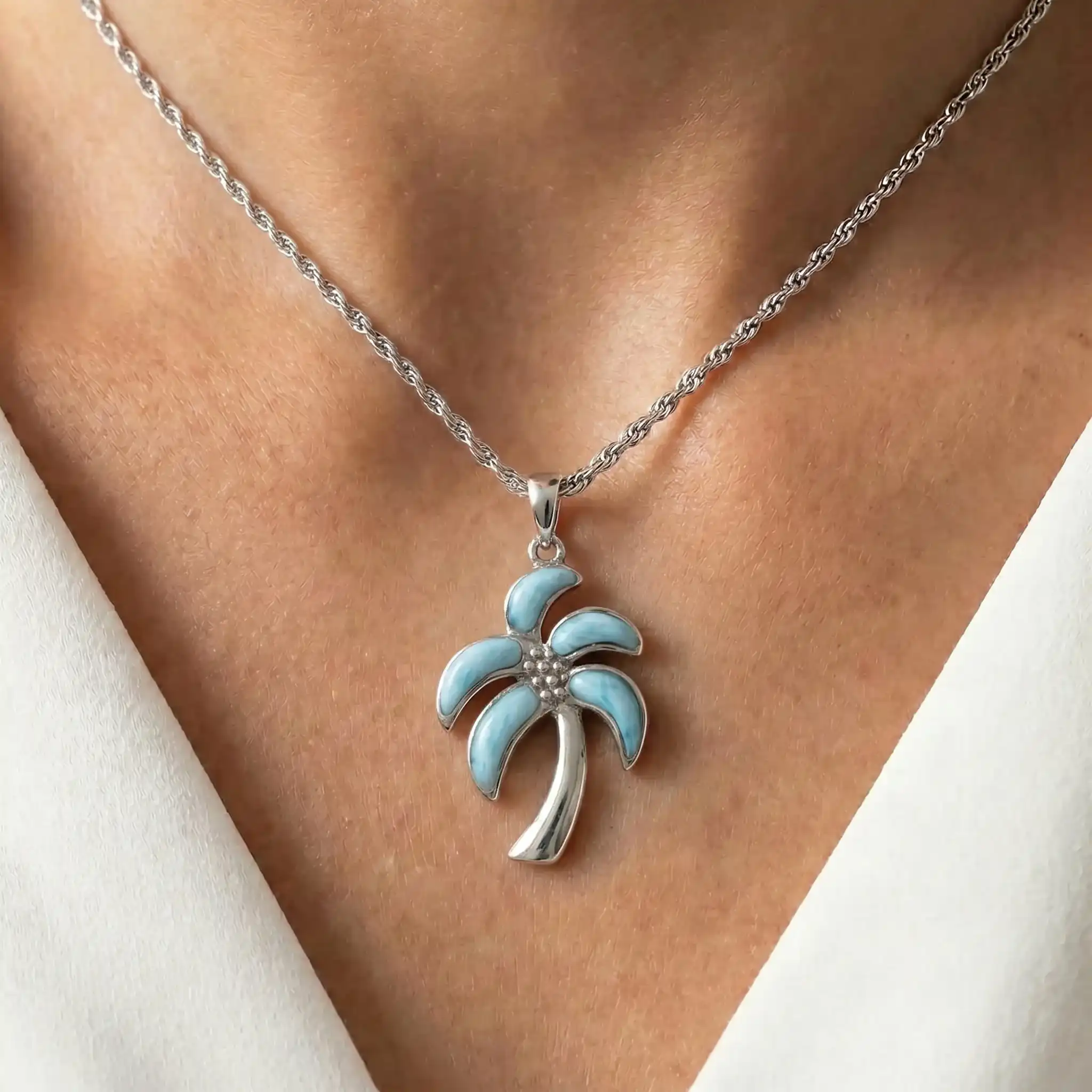Larimar Palm Tree Necklace in Sterling Silver by Marahlago