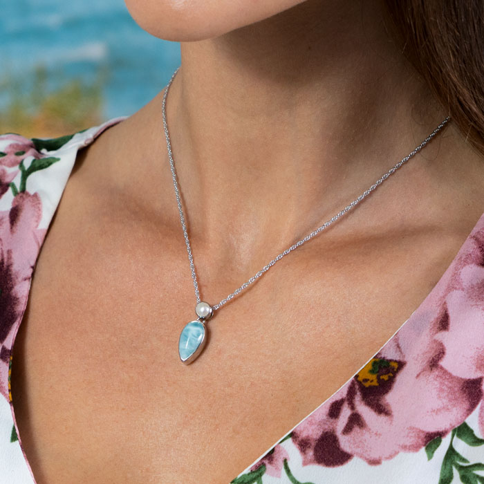Larimar Sterling Silver Jaina Necklace Marahlago Jewelry Pear Gemstone Fresh Water Pearl